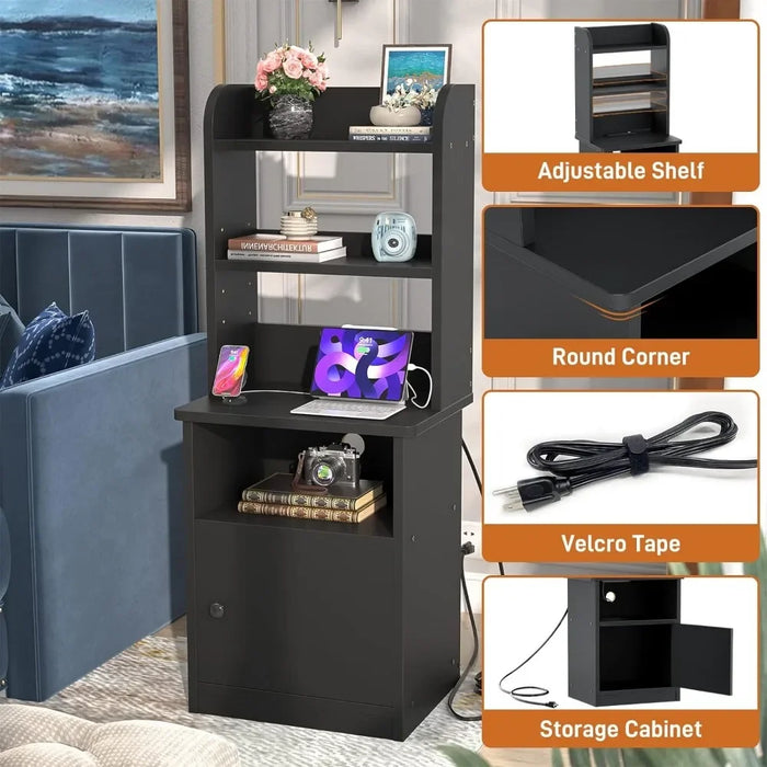 Tall Nightstand with Charging Station and USB Ports - 47" Tall Bedside Table with Adjustable Bookshelf, Black, End Table