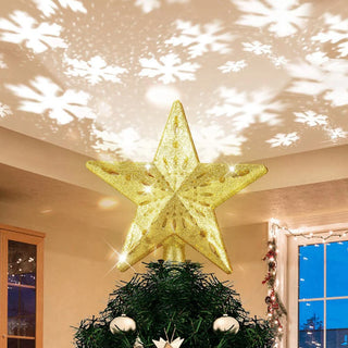 Christmas Tree Topper Decor 3D Glitter Star LED Rotating Snowflake Projector Christmas Tree Ornaments Holiday Party Hanging Lamp