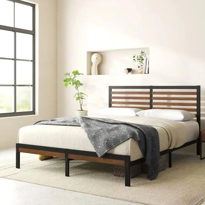 Bedroom furniture bamboo metal platform bed frame with headboard / no spring required / easy to assemble, large, brown