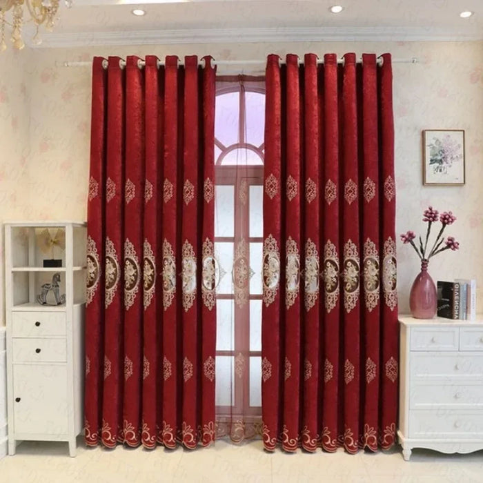 European Chenille Embroidered Red Curtains for Living Dining Room Bedroom Yarn Finished Balcony Floor To Ceiling Wedding Room