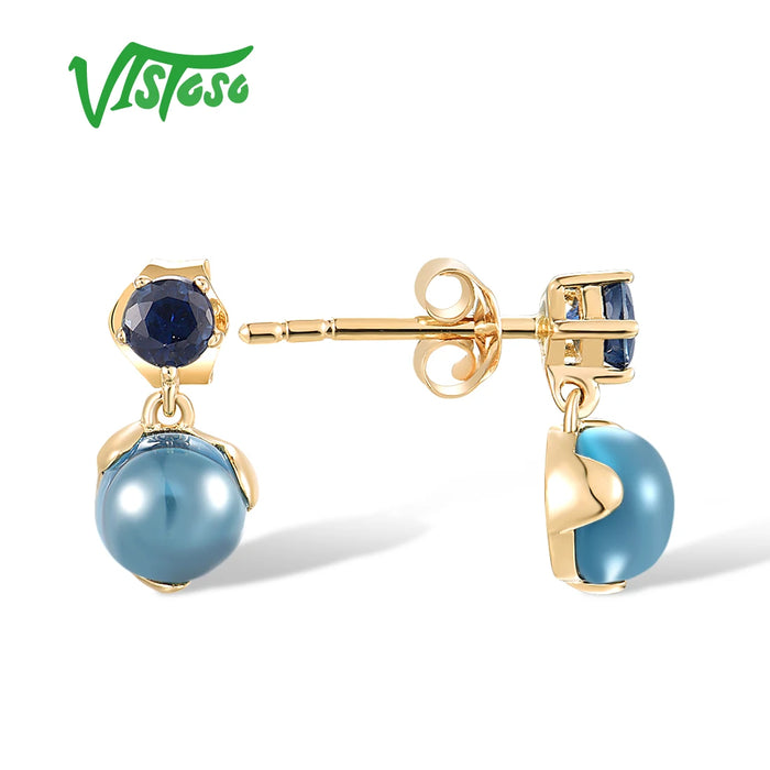 VISTOSO Real 14K 585 Yellow Gold Dangling Stud Earrings For Women Charming Blue Sapphire London Topaz Delicate Cute Fine Jewelry