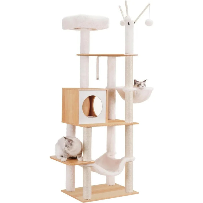 Wooden Cat Tree,55.5“ Cat Furniture with Scratching Posts, Modern Cat Tower with hammocks, Toys, condo, Rustic Brown