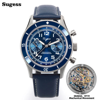 Sugess Watch 1963 Men Watches ST1901 Chronograph Luminous Mechanical Wristwatches Waterproof Crystal Sapphire Italian Leather