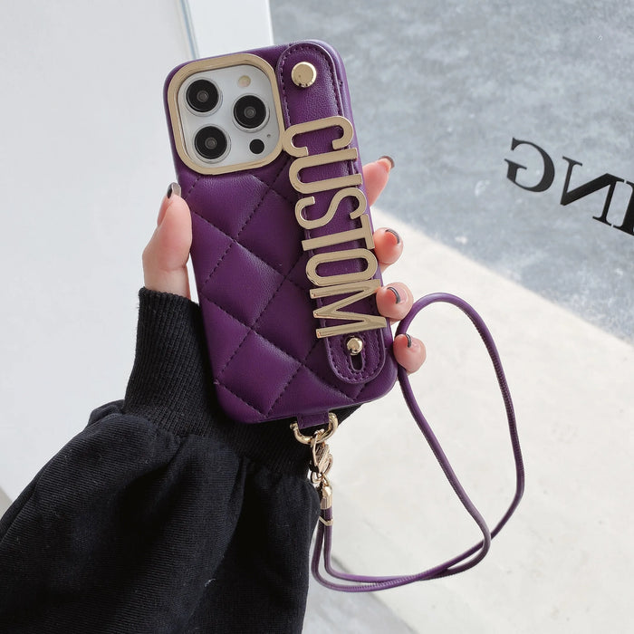 Personalized Leather iPhone 15Pro Max Plus Phone Case Custom Initials Metal Gold Diamond Crossbody Lanyard Fashion