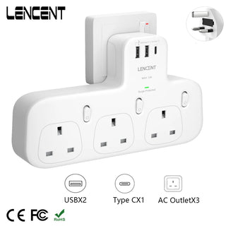 LENCENT Wall Socket Extender with 3AC Outlets 2 USB Port 1Type C Surge Protected Double Plug Adaptor with Switch for Home Office