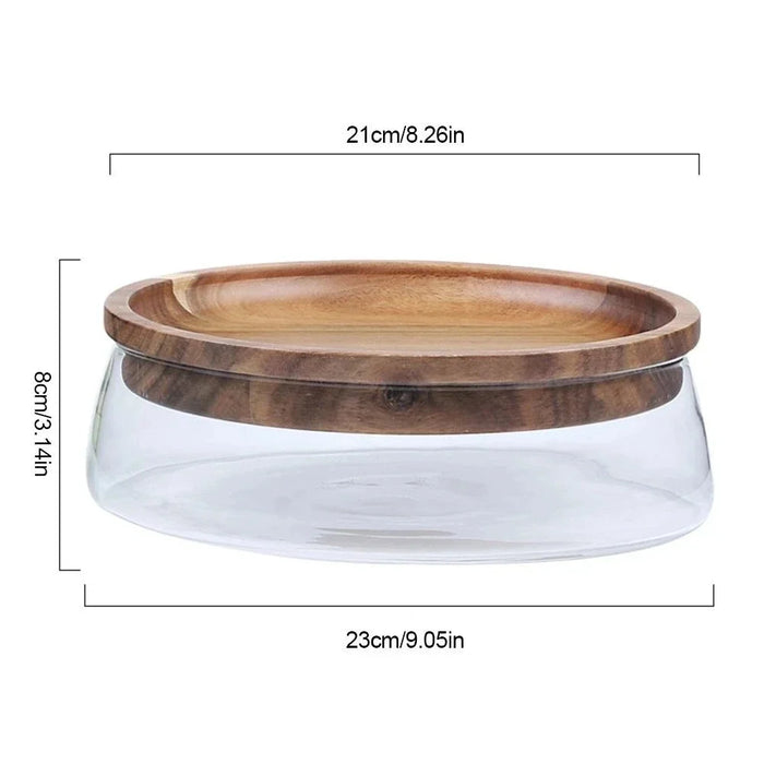 Glass Bowl with Wood Plate Fruit Nut Dried Storage Box Container Candy Storage Box Fruit Tray With Wooden Lid For Home Kitchen