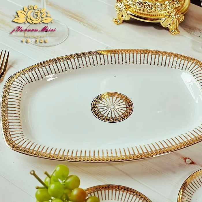 Bone China Dinnerware Set Dish Bowl Combination 60pcs Ceramic High-grade Dinnerware Set European Gold Bowl Plate