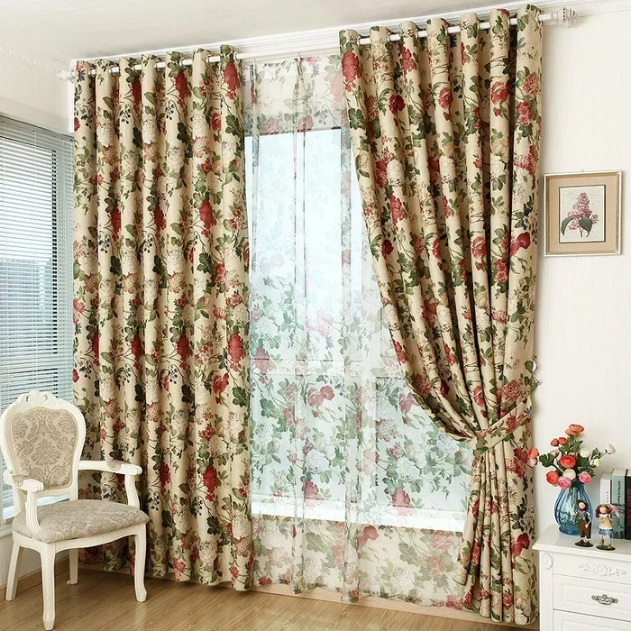 European Style Curtains for Living Dining Room Bedroom American Pastoral Flowers Printing Door Window Curtain Room Decor