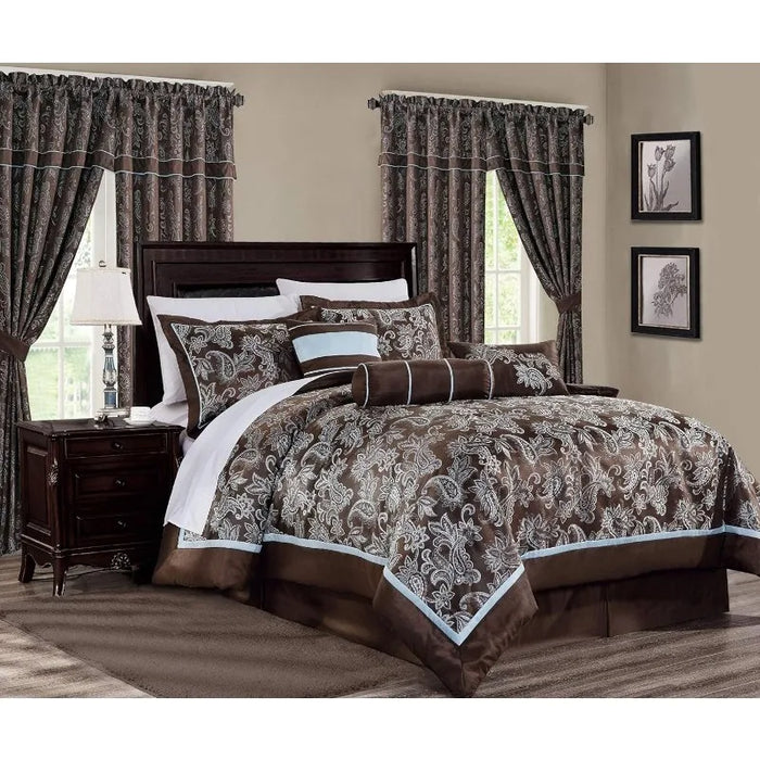 Rio 7-Piece Queen Jacquard Comforter Set - Blue Gold Floral Geometric Damask Woven Bedding Set