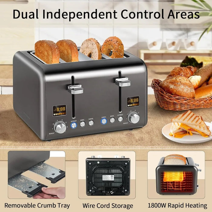 Toaster 4 Slice, Stainless Bread Toaster Colorful LCD Display, 7 Bread Shade Settings, 1.4'' Wide Slots Toaster ，1800W