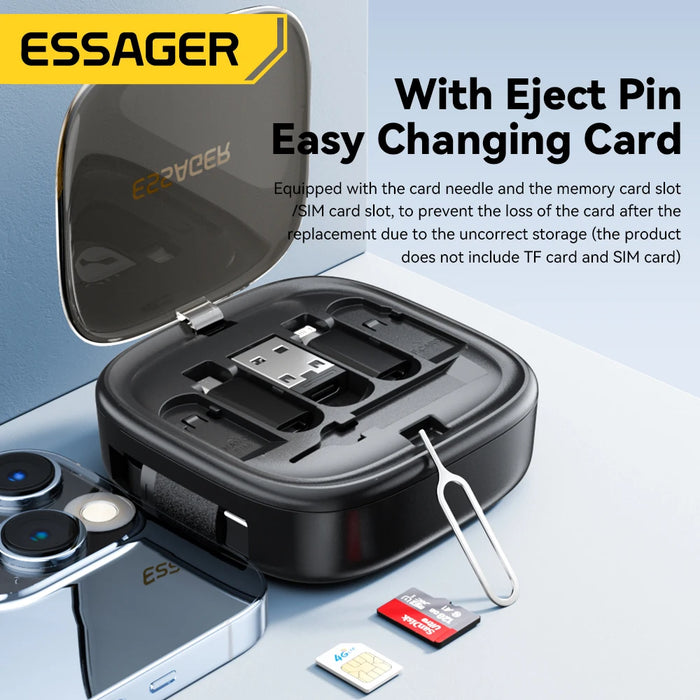 Essager USB C To Tpye C Cable PD 60W To Micro Lightning Fast Charging Data Travel Multi Functional Cord With Holder Storage Box