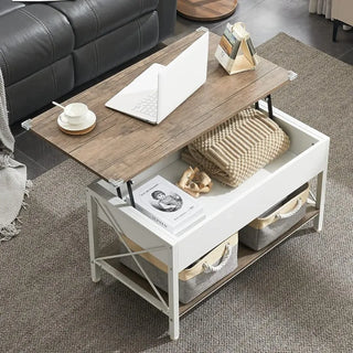 36" Lift Top Coffee Table with Free Cloth Storage Bins, White Walnut Frame, Small Modern Style, Dark Walnut