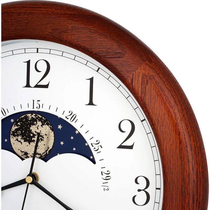 14 Inch Wall Clock, Solid Oak Wood Non-Ticking Sweep Mechanical Specialty Moon Phase Moving Dial Wall Clock, Home Decor