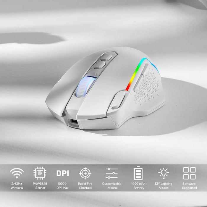 Redragon M810 Pro Wireless Gaming Mouse, 10000 DPI Wired Gamer Mouse W/ Rapid Fire Key, 8 Macro Buttons, Black/White Mouse