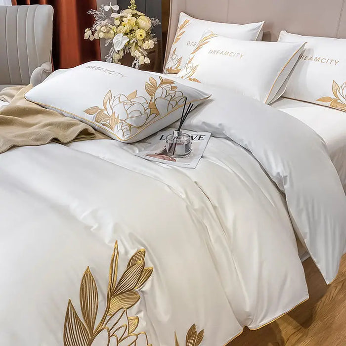 White Egypt Cotton Golden Embroidery Bedding Set Luxury 4pcs Solid Color Duvet Cover Bed Sheet Linen Pillowcases Home Textile