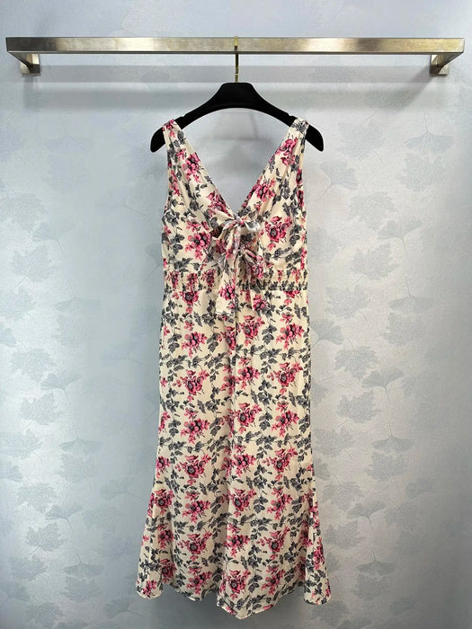 2024 Summer New Women's Wear Light pink V-neck waist cinched sleeveless floral dress 0430