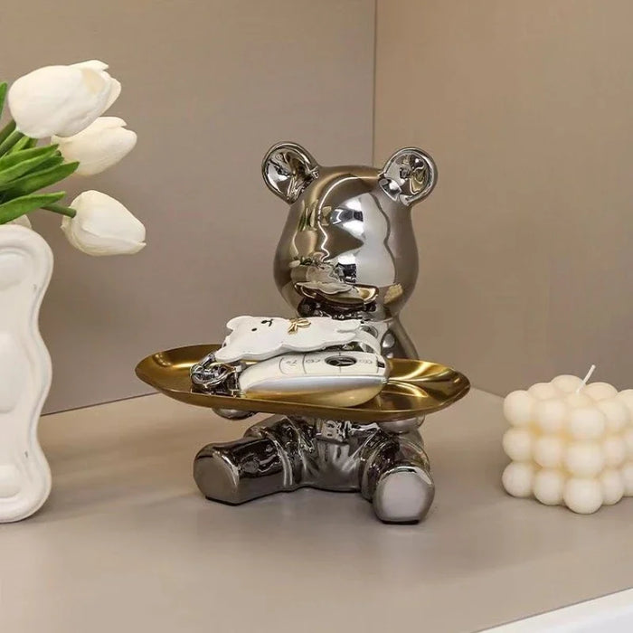 Electroplating bear cartoon sculpture, ceramic decorative ornaments with piggy bank, keys cosmetics, snacks desktop storage tray