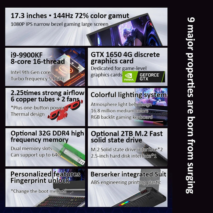 Gaming Laptop 17.3" 1920x1080 IPS i9-9900KF+GTX 1650 4G Dedicated Graphics Gamer PC RGB Backlit Keyboard Win10 Notebook Computer