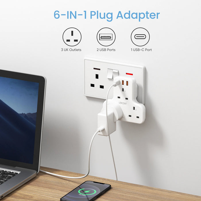 LENCENT Fast  Charger Wall Socket with 3AC Outlets  2 USB QC3.0  1 Type C PD20W 6-in-1 Outlet Plug Extender for Home/Office