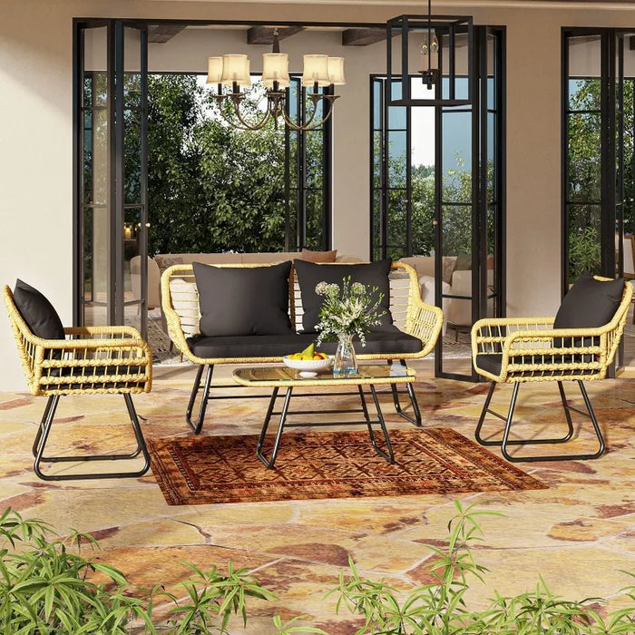 4 Piece Patio Furniture Wicker Outdoor Bistro Set, Rattan Loveseat with Upholstery and Metal Table