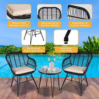 Leasbar 3 Piece Outdoor Wicker Conversation Bistro Set, All-Weather Outdoor Patio Furniture w/Table and Cushions