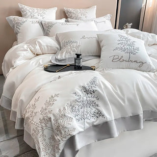 Embroidery Chic Duvet Cover White Blue Lyocell Silky Softest Cooling Bedding Set Bed Sheet Pillowcases Double Queen King 4Pcs