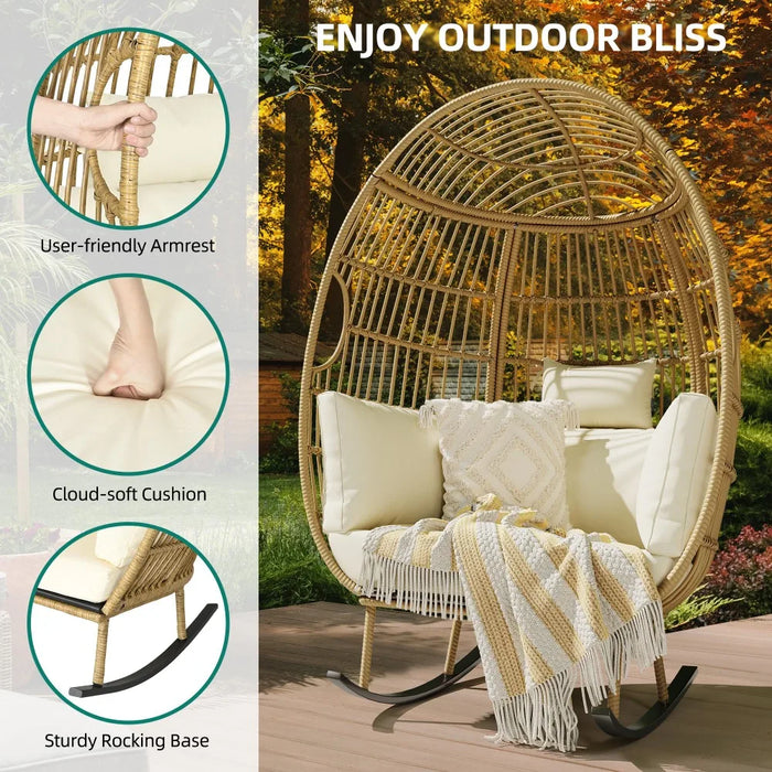 2024 New Outdoor Rocking Egg Chair, Wicker Patio Rocking Basket Chair with 370lbs Capacity,  for Indoor Living Room