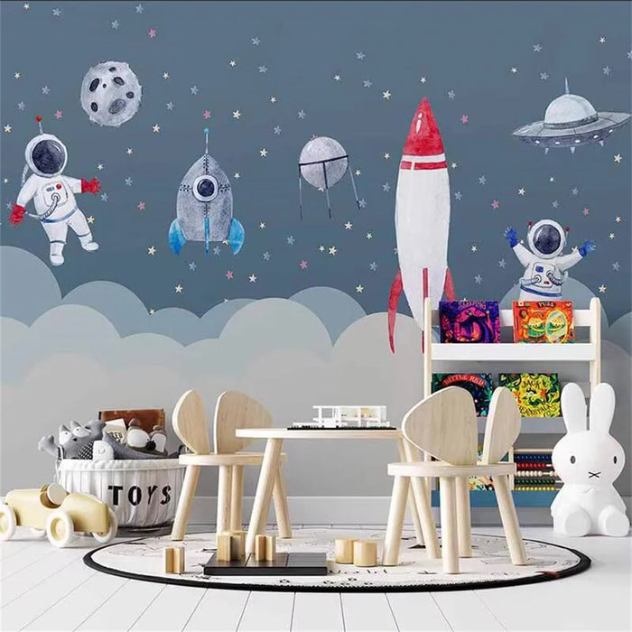 Customized 3d wallpaper mural space planet cartoon rocket flying saucer children's room background wall papel de parede