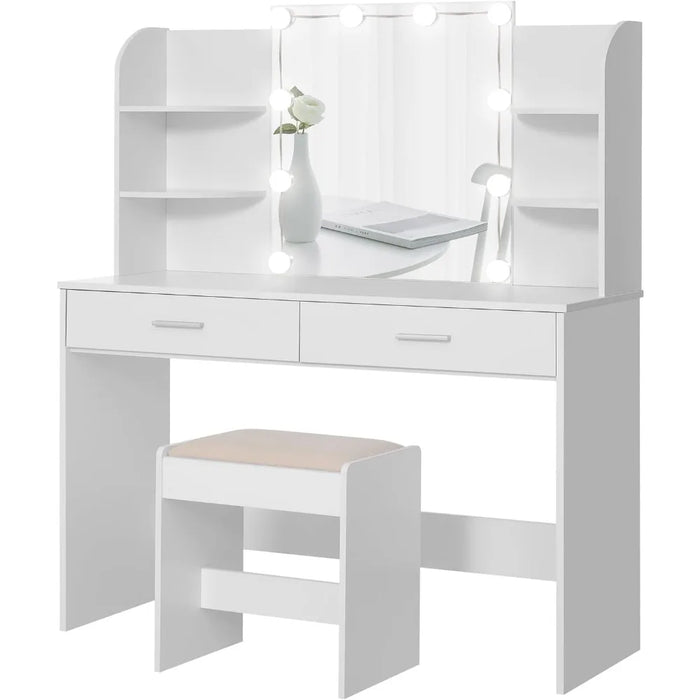 With 10 LED Light Bulbs, Vanity Table, Vanity Desk Set with 2 Drawers, 6 Storage Shelves & Cushioned Stool for Women, White