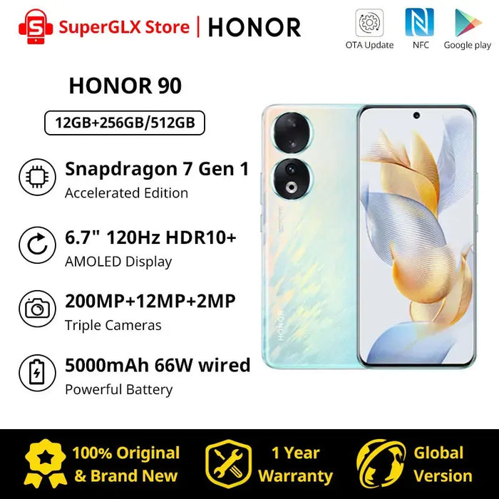 Global Version HONOR 90 5G 6.7 inch OLED Snapdragon 7 Gen 1 200MP Ultra-Clear Camera 5000mAh 66W Supercharger 120Hz 2023 New