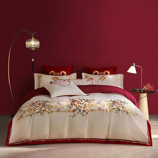 Luxury Double Happiness Blossom Embroidery Wedding Red Bedding Set 4/7Pc 1000TC Egyptian Cotton Duvet cover Bed sheet Pillowcase