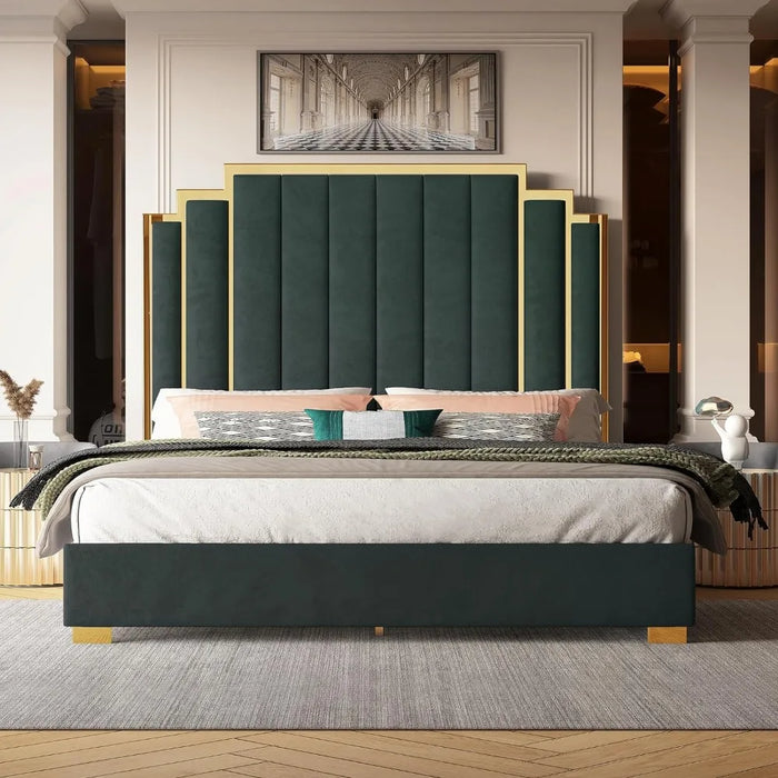Bed Frame, 61.4" Velvet Upholstered Bed with Gold Accent Headboard, Wood Slats, Queen Platform Bed