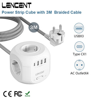LENCENT Power Strip Cube with  4 AC Outlets 3 USB Port 1 Type C 3M Braided Cabe Multi Socket Power Adapter with Switch for Home