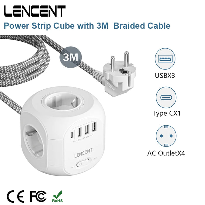 LENCENT Power Strip Cube with  4 AC Outlets 3 USB Port 1 Type C 3M Braided Cabe Multi Socket Power Adapter with Switch for Home