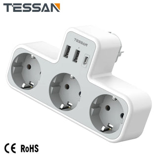 TESSAN USB Plug Adapter, 6 in 1 Thief Sockets Tee with 3 Schuko Sockets, 2 USB-A & 1 Type C Port, Multiple Plug Adapter for Home