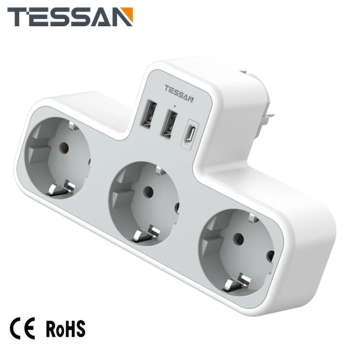 TESSAN USB Plug Adapter, 6 in 1 Thief Sockets Tee with 3 Schuko Sockets, 2 USB-A & 1 Type C Port, Multiple Plug Adapter for Home