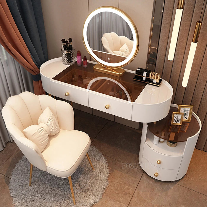 Light Luxury Bedroom Vanity Desk Vanity Table Modern Glass Table Bedroom Dresser Storage Cabinet Dresser Table Vanity Mirror