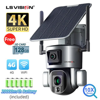 LS VISION 4K 8MP Dual Lens Solar Camera Outdoor 4G/WiFi Dual Screens 4X 10X Optical Zoom Humanoid Tracking PTZ Security Cameras