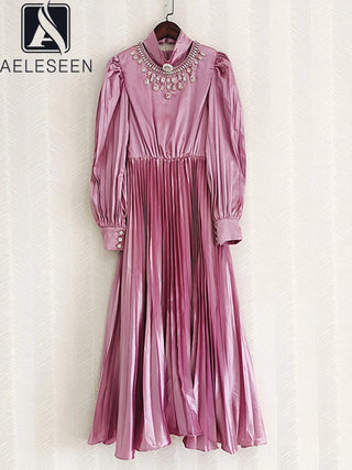 AELESEEN Women Designer Fashion Dress Autumn Winter Turtleneck Beading Crystal Solid Pink Gray Maxi Party Pleated Dresses