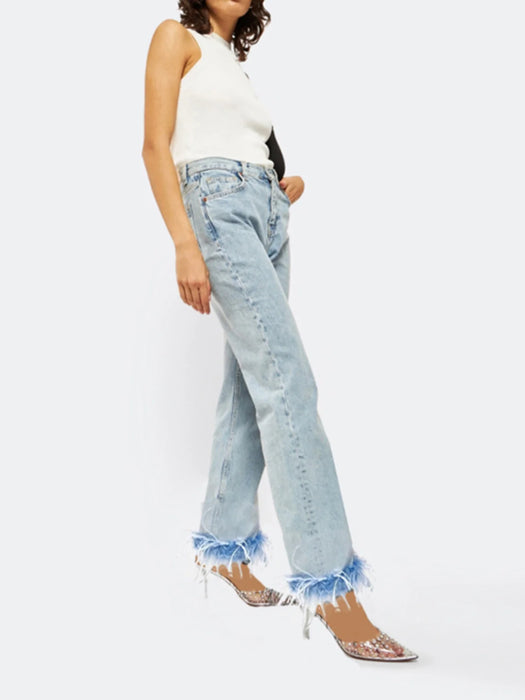 Women's Jeans 2024 Spring High Waist Jeans Denim Trousers Stitching Ostrich Fur Decorative Light Blue Straight-Leg Pants