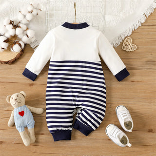 PatPat Baby Boy Clothes New Born Overalls Jumpsuit Romper Infant Newborn 95% Cotton Long-sleeve Bear Decor Striped Spliced