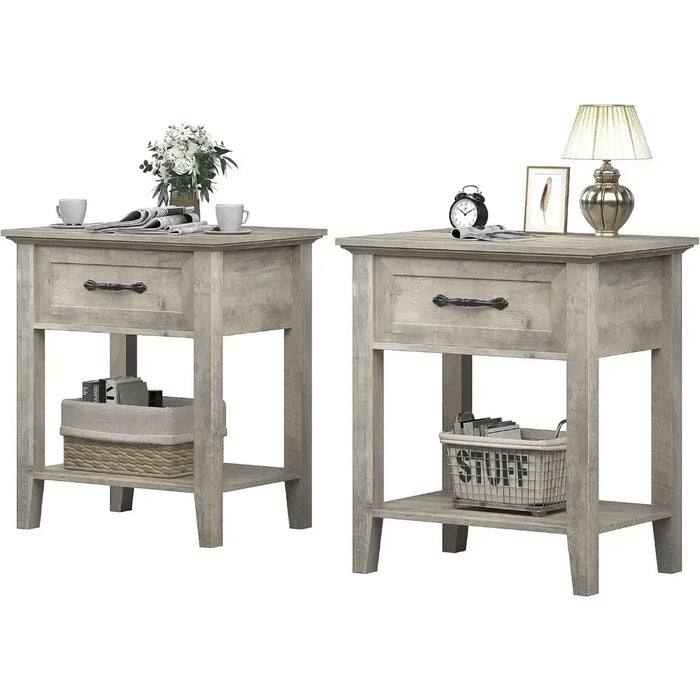Nightstands, End Side Tables Living Room with Drawer, Industrial Design, Night Stands with Shelf (Grey（2 Pack）)