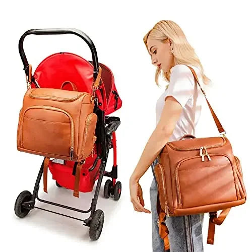 7-in-1 Baby Diaper Bag Solid PU Leather Mummy Maternity Bag Large Capacity Travel Back Pack Stroller Bags with Changing Pad