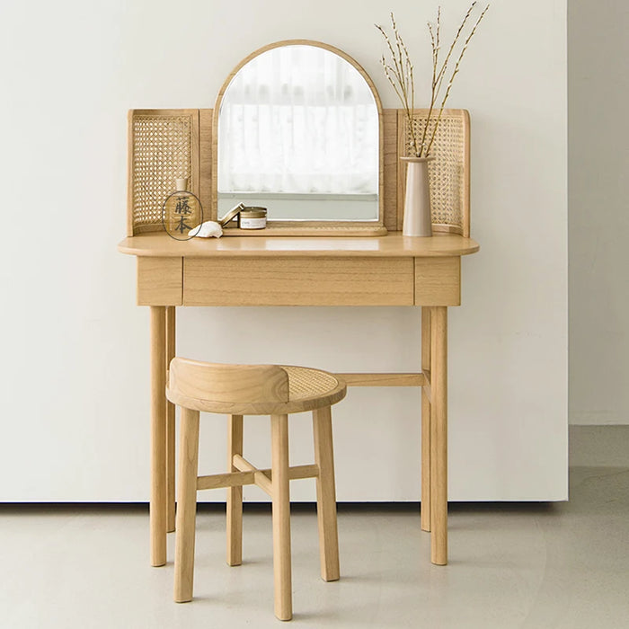 Solid Wood Rattan Dressing Table Mirror Desktop Makeup Mirror Table