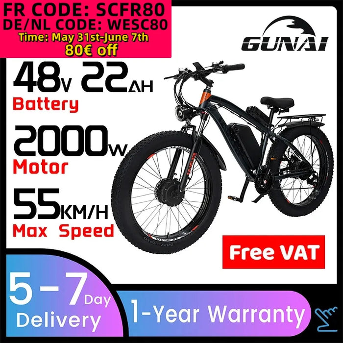 GUANI GN88 Electric Bike 4.0*26 Inch Fat Tire Cross Country Bike Dual Motor With 48V 2000W Brushless Motor Waterproof Adult Bike