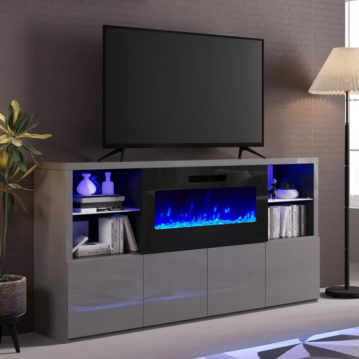 68" Fireplace TV Stand with 40" Electric Fireplace, Modern High Gloss Fireplace Entertainment Center with LED Lights for TVs