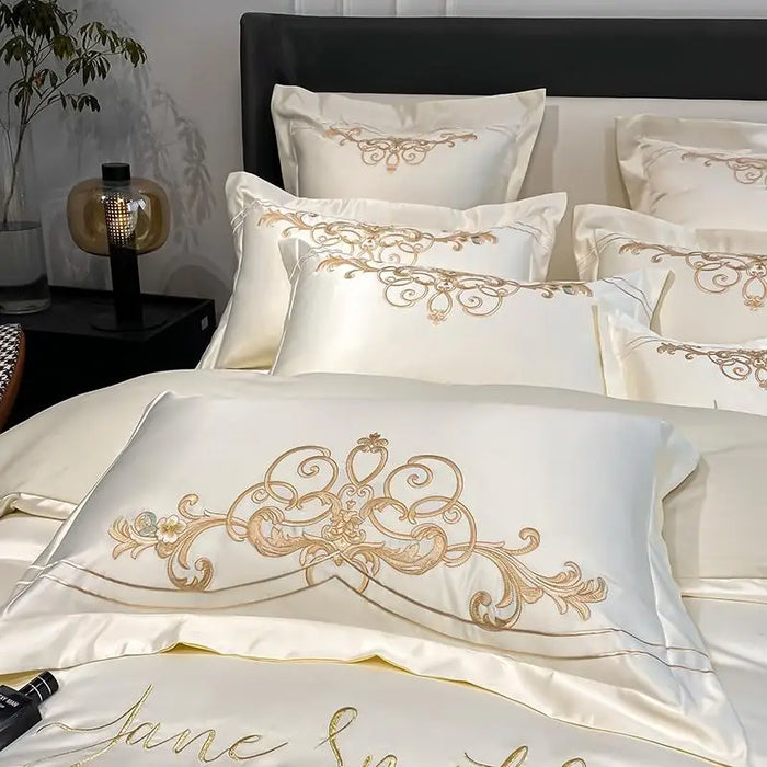 Royal Golden Embroidery European Palace Bedding Set Pearl White Soft Satin Cotton Duvet Cover Flat Bed sheet Pillowcases