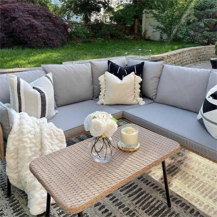 Rattan Patio Furniture Set, Outdoor Wicker Conversation Sectional L-Shaped Sofa fwith Thickness Cushions and Side Table