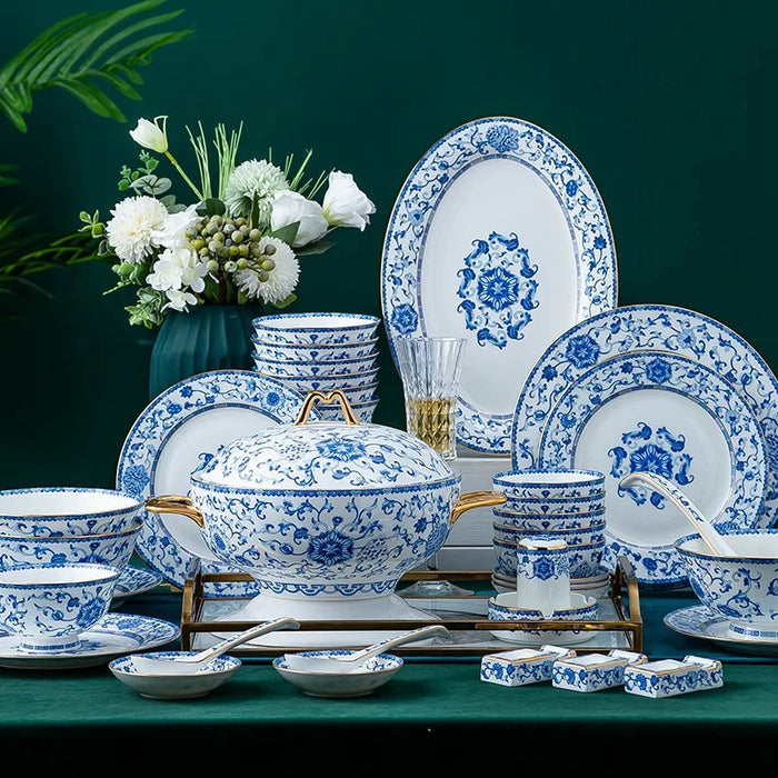 80 pieces Jingdezhen Tableware Set High-grade Dinnerware Set Bone China Bowl Dishes Ramen Plates Chinese Chopsticks Dinner Set