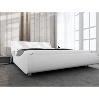 Bed Frame Modern Low-profile Toboggan Bed with Faux Leather Headboard for Easy Assembly of Upholstered Queen Platform Bed